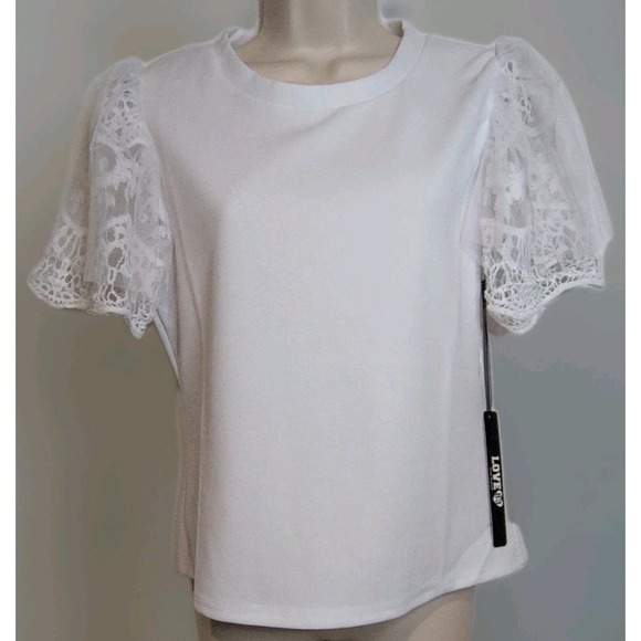 Love 83 Tops - Love 83 Women's White Lace Puff Sleeve Crew Neck T-Shirt Blouse NWT Size M/L